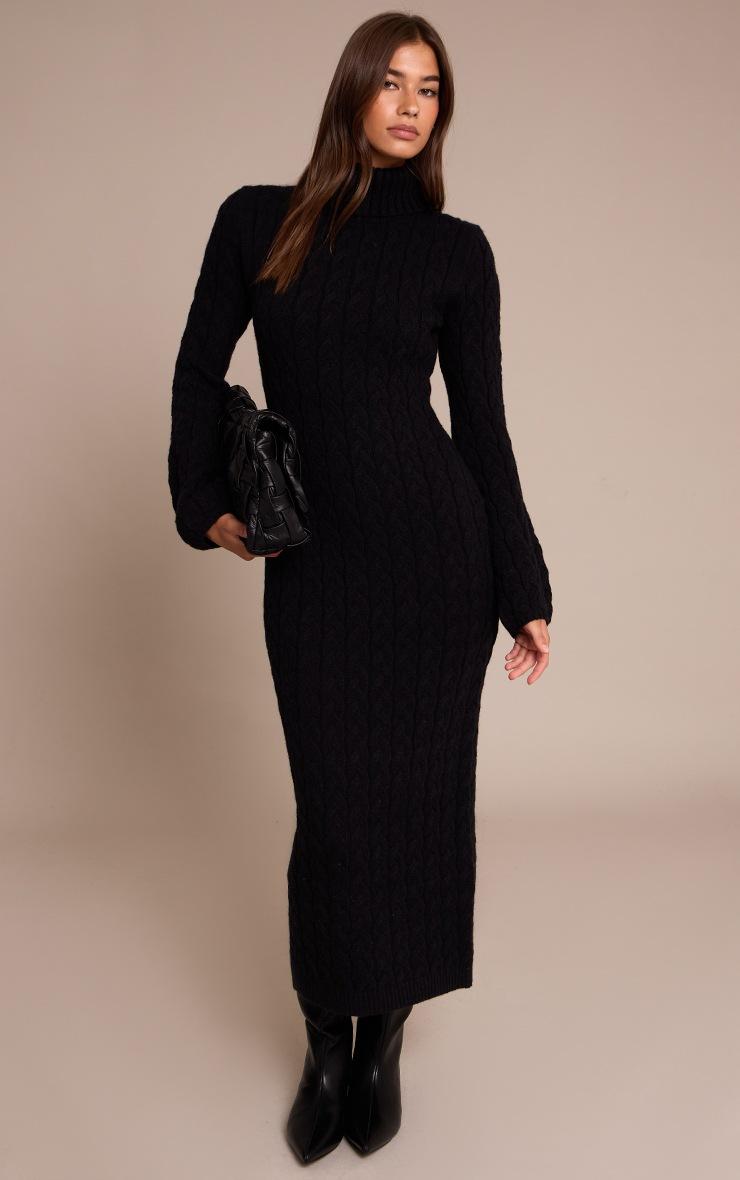 Pretty Little Thing Black Chunky Cable Knit Roll Neck Maxi Sweater Dress