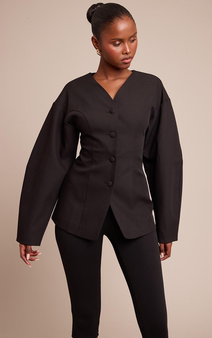 Pretty Little Thing Black Collarless Fabric Covered Button Blazer