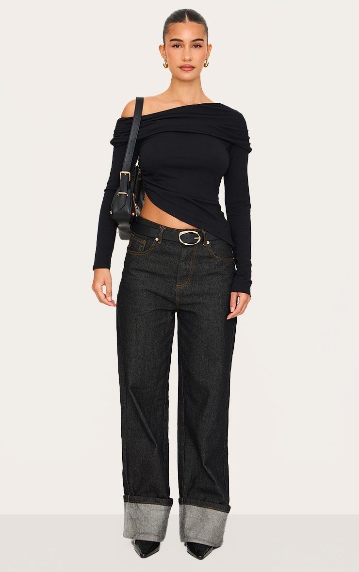 Pretty Little Thing Black Contour Jersey Fold Over Detail Bardot Long Sleeve Top