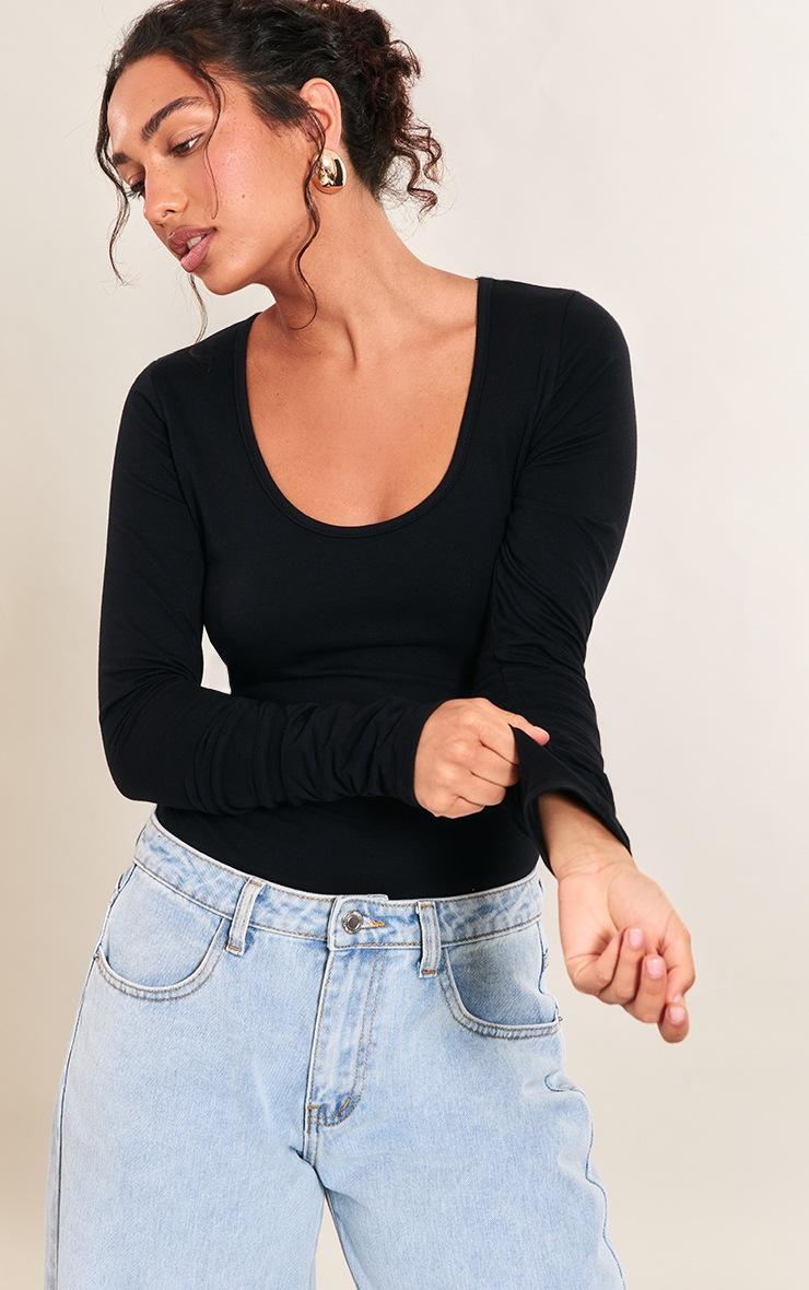 Pretty Little Thing Black Cotton Scoop Neck Long Sleeve Bodysuit
