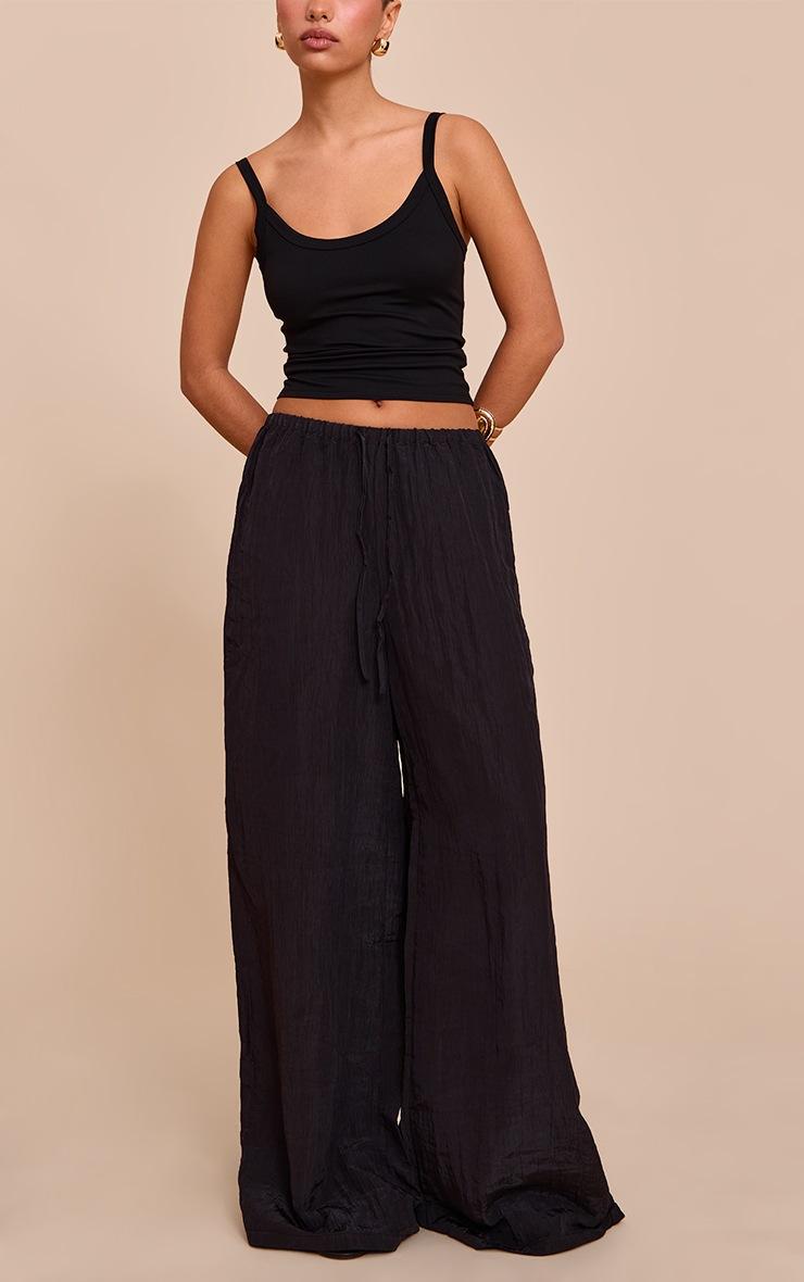 Pretty Little Thing Black Crinkle Satin Drawstring Low Rise Pants