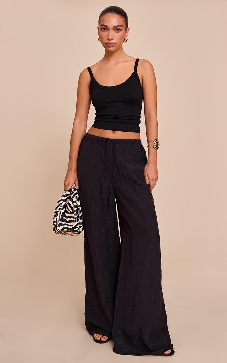 Pretty Little Thing Black Crinkle Satin Drawstring Low Rise Pants