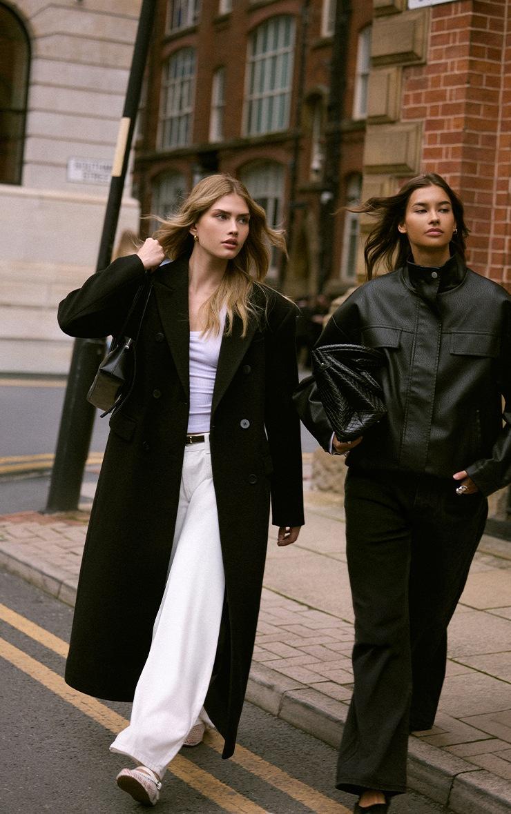 Pretty Little Thing Black Double Breasted Oversized Style Structured Coat