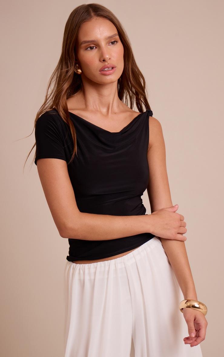 Pretty Little Thing Black Double Layer Slinky Asymmetric Knot Detail Long Top