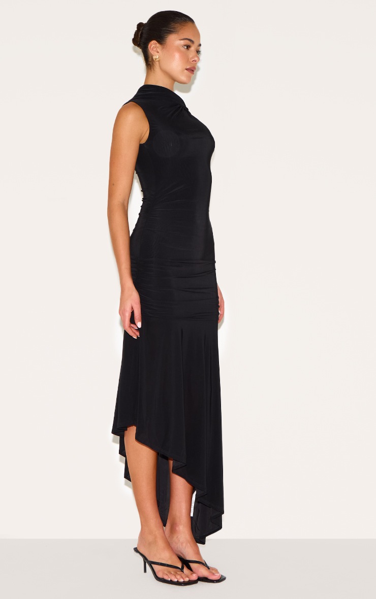 Pretty Little Thing Black Double Layer Slinky Asymmetrical Ruched Midaxi Dress