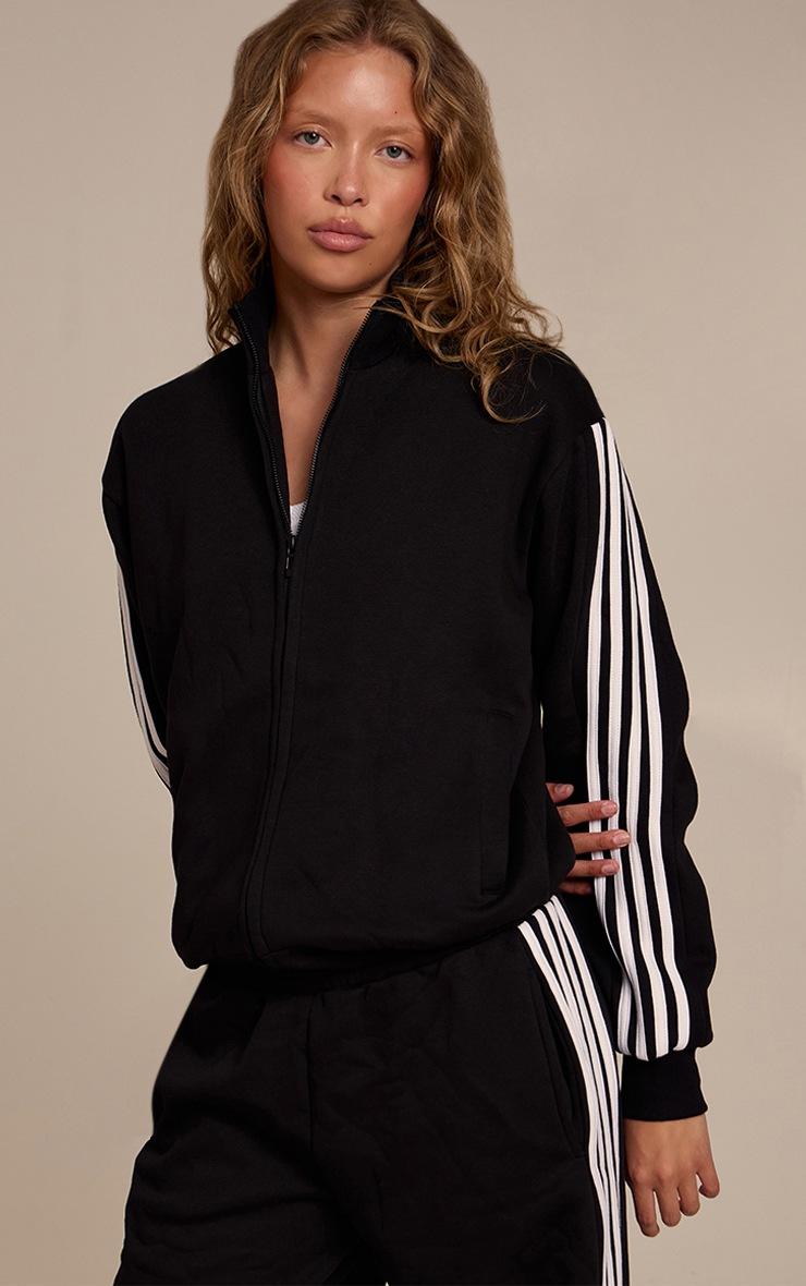 Pretty Little Thing Black Double Side Stripe Zip Up Bomber Jacket