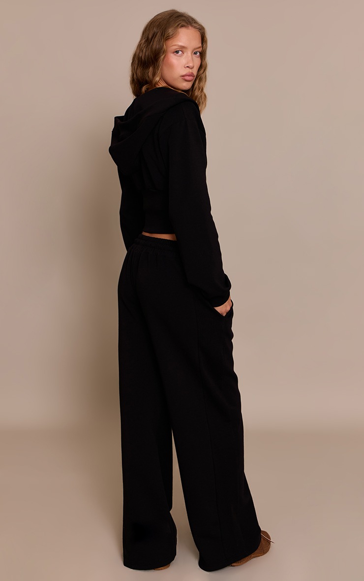 Pretty Little Thing Black Embroidered Interlock Rib Panel Wide Leg Sweatpants
