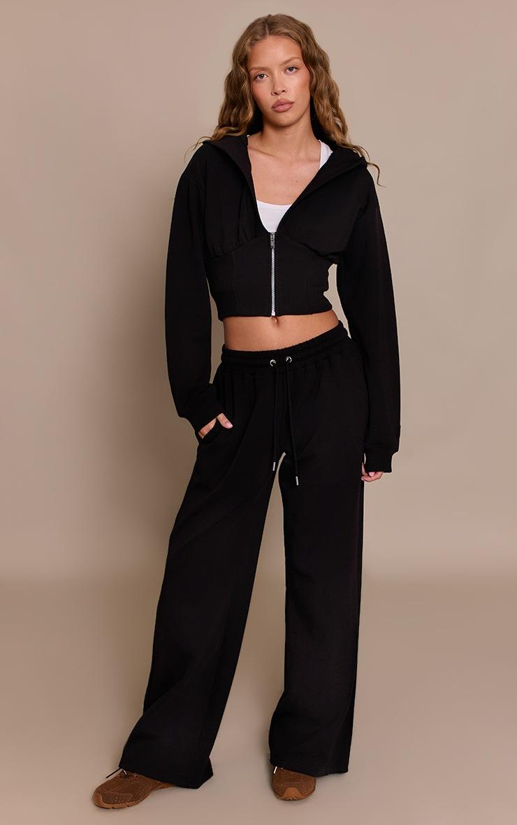 Pretty Little Thing Black Embroidered Interlock Rib Panel Wide Leg Sweatpants