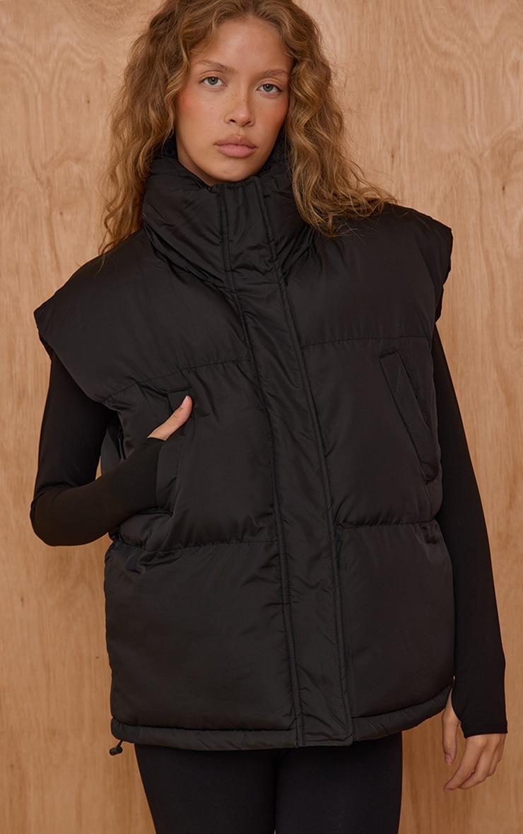 Pretty Little Thing Black Extended Shoulder Sleeveless Puffer Vest