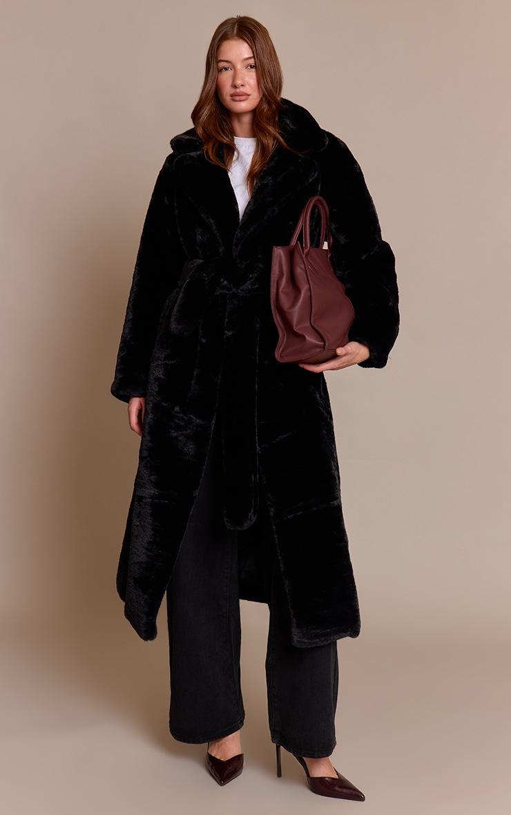 Pretty Little Thing Black Faux Fur Tie Waist Maxi Coat