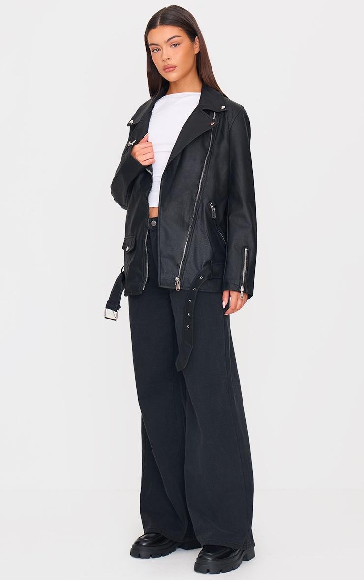 Pretty Little Thing Black Faux Leather Longline Belted Biker Jacket