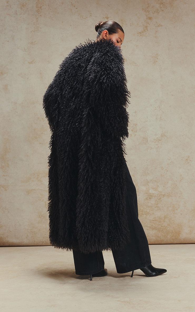 Pretty Little Thing Black Faux Mongolian Fur Collarless Maxi Coat