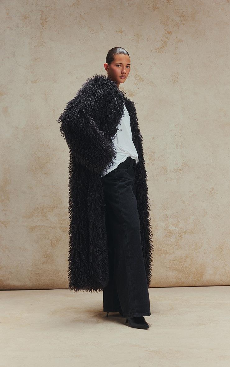 Pretty Little Thing Black Faux Mongolian Fur Collarless Maxi Coat