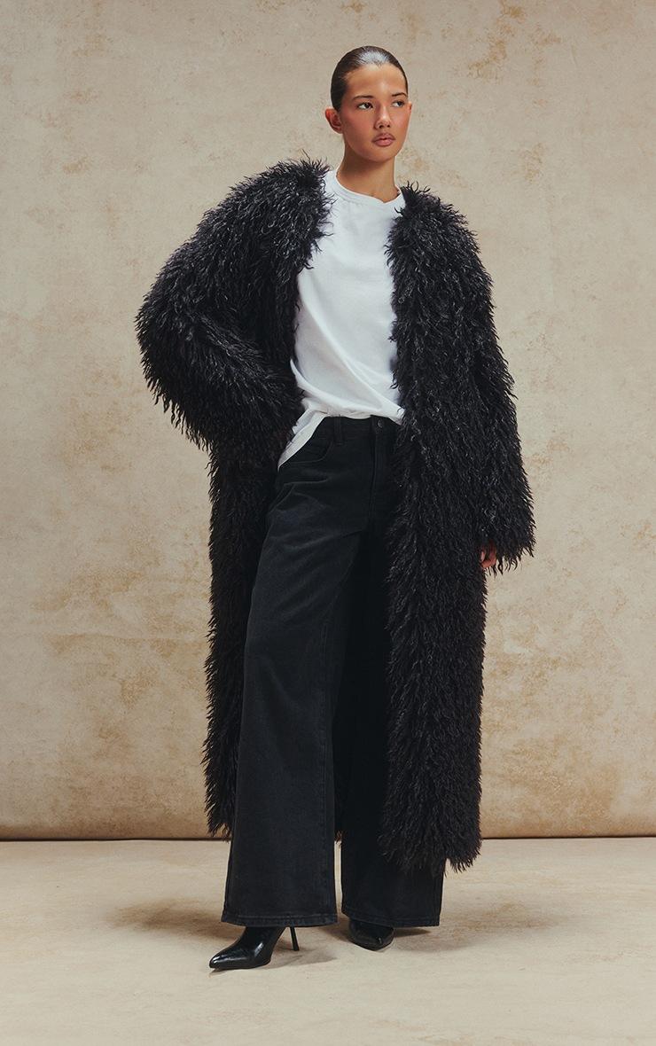 Pretty Little Thing Black Faux Mongolian Fur Collarless Maxi Coat