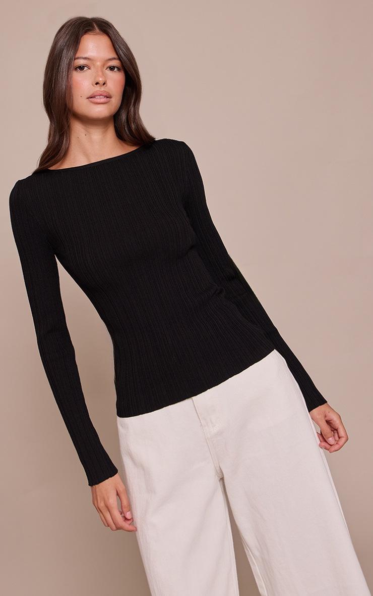 Pretty Little Thing Black Fine Knit Boat Neck Rib Knit Top