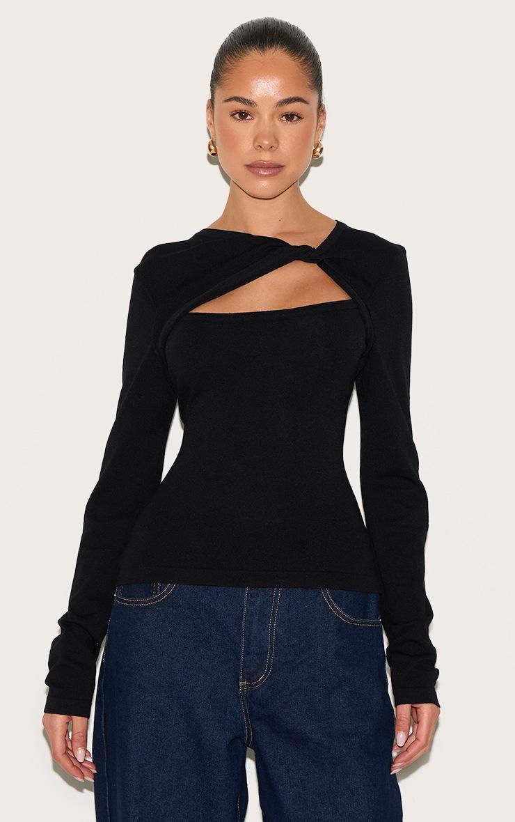Pretty Little Thing Black Fine Knit Twist Neck Long Sleeve Top