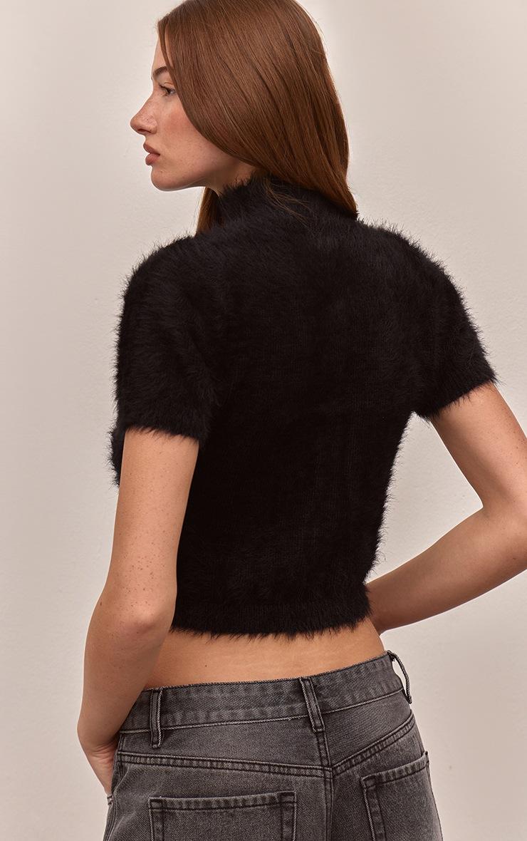 Pretty Little Thing Black Fluffy Knit Crop Short Sleeve Sweater