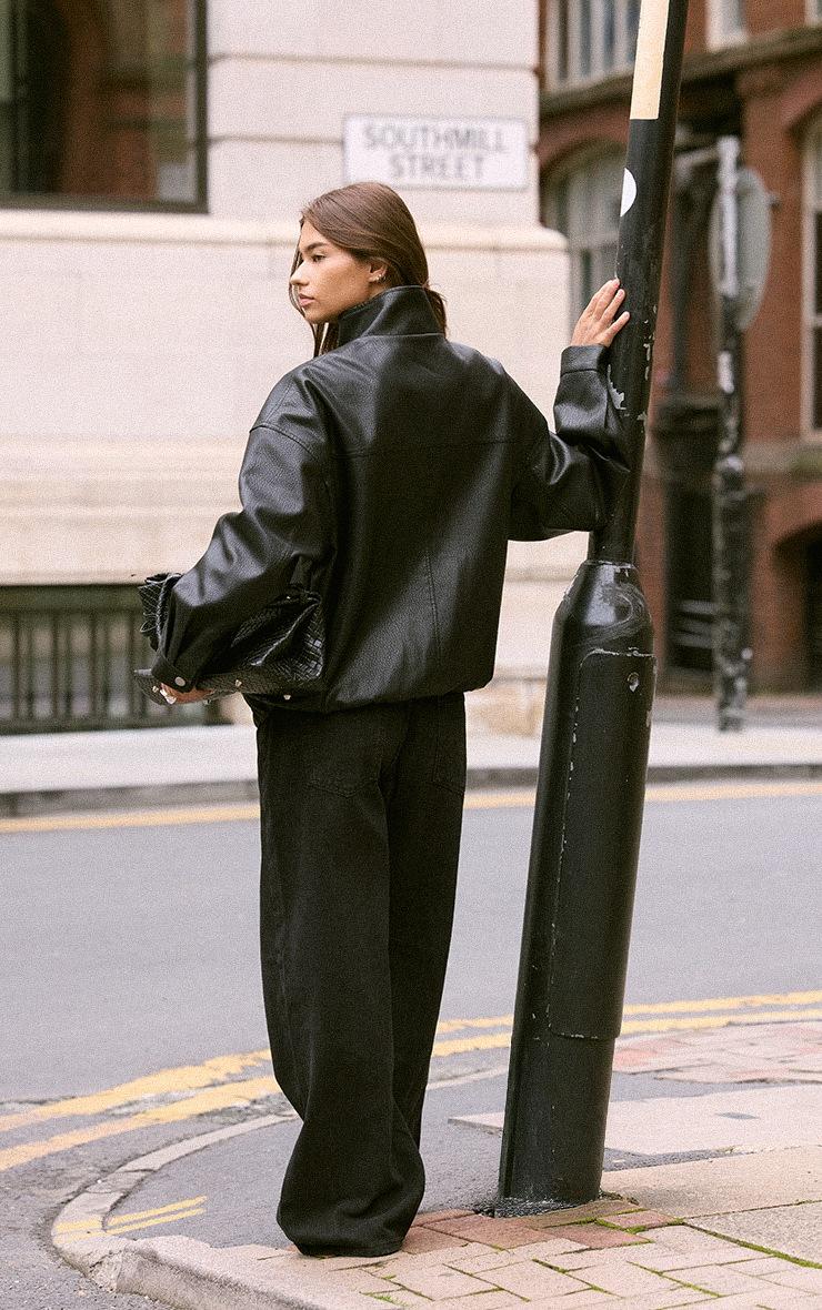 Pretty Little Thing Black Funnel Neck Concealed Placket Faux Leather Jacket