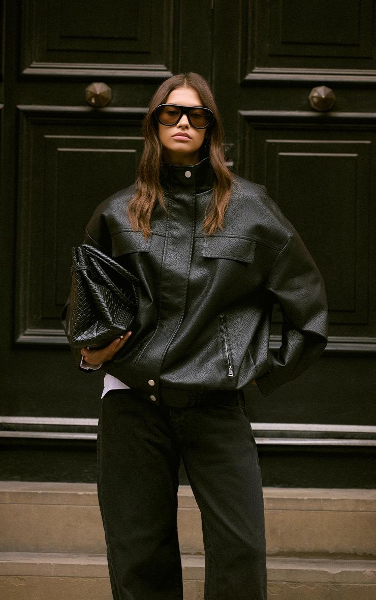 Pretty Little Thing Black Funnel Neck Concealed Placket Faux Leather Jacket