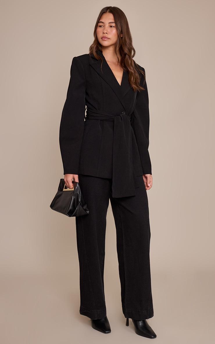 Pretty Little Thing Black Gathered Wrap Waist Belted Blazer