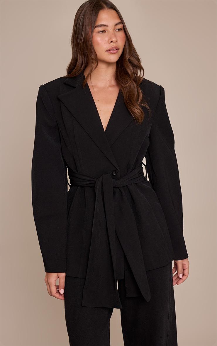 Pretty Little Thing Black Gathered Wrap Waist Belted Blazer