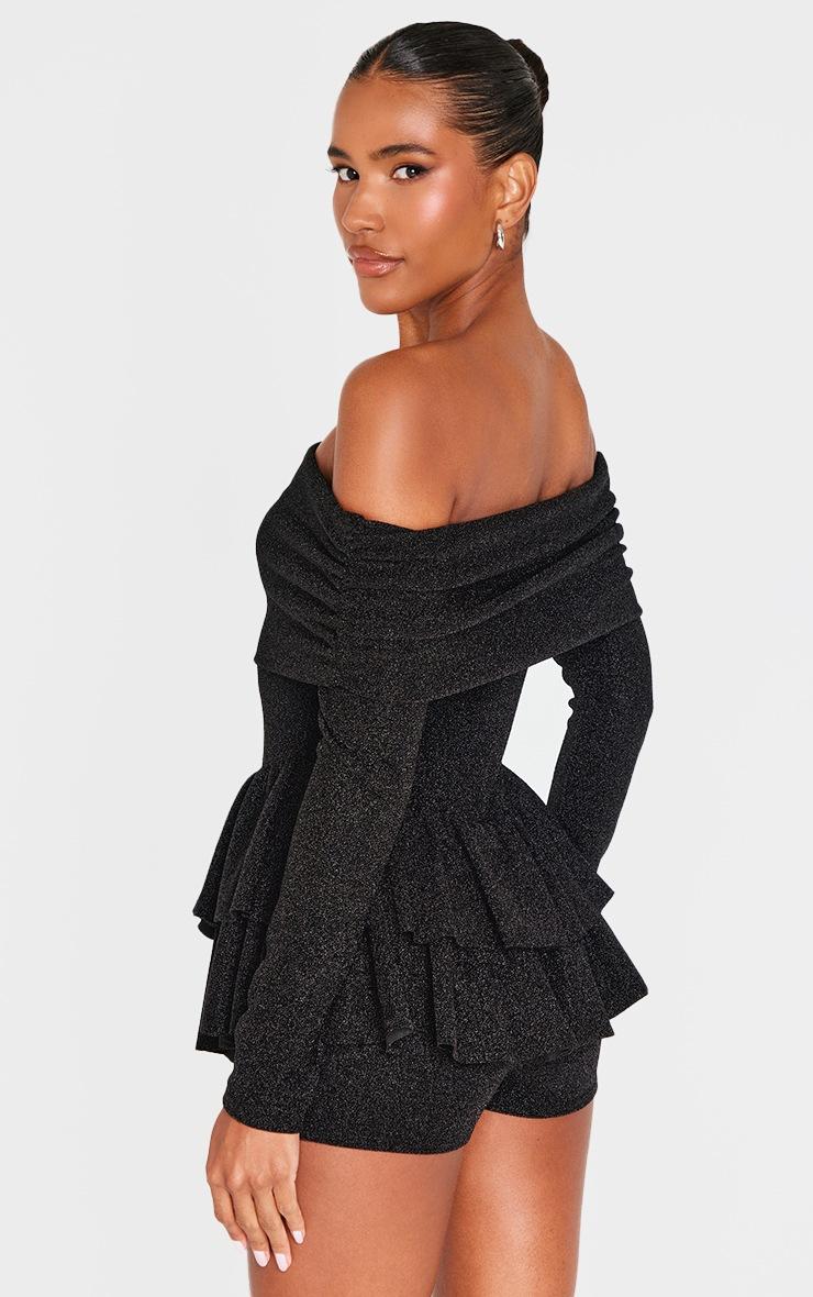 Pretty Little Thing Black Glitter Bardot Long Sleeve Rara Romper