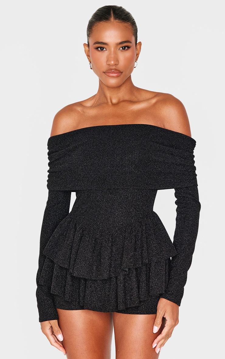 Pretty Little Thing Black Glitter Bardot Long Sleeve Rara Romper
