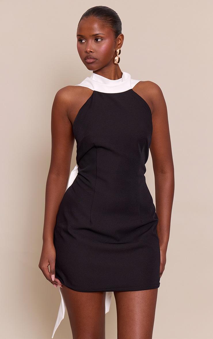 Pretty Little Thing Black Halterneck Contrast Drape Detail Backless Mini Dress