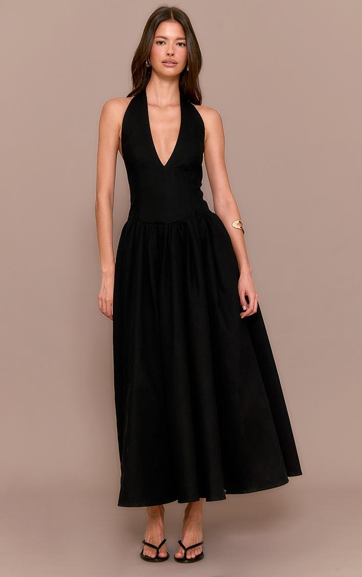 Pretty Little Thing Black Halterneck Tie Detail Ruched Midaxi Dress