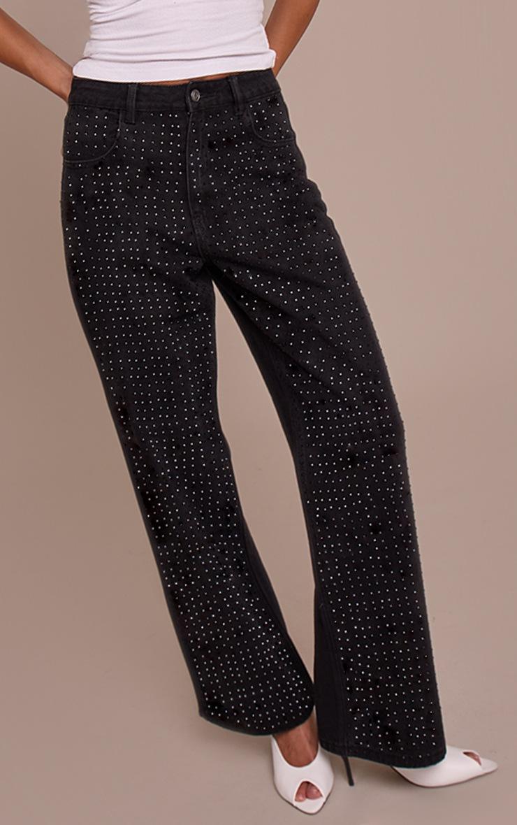 Pretty Little Thing Black High Waist Hotfix Straight Leg Denim Jeans