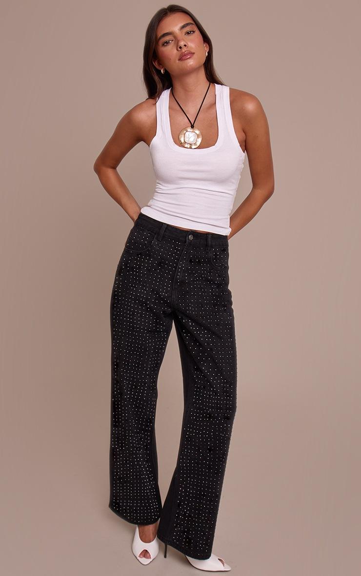 Pretty Little Thing Black High Waist Hotfix Straight Leg Denim Jeans