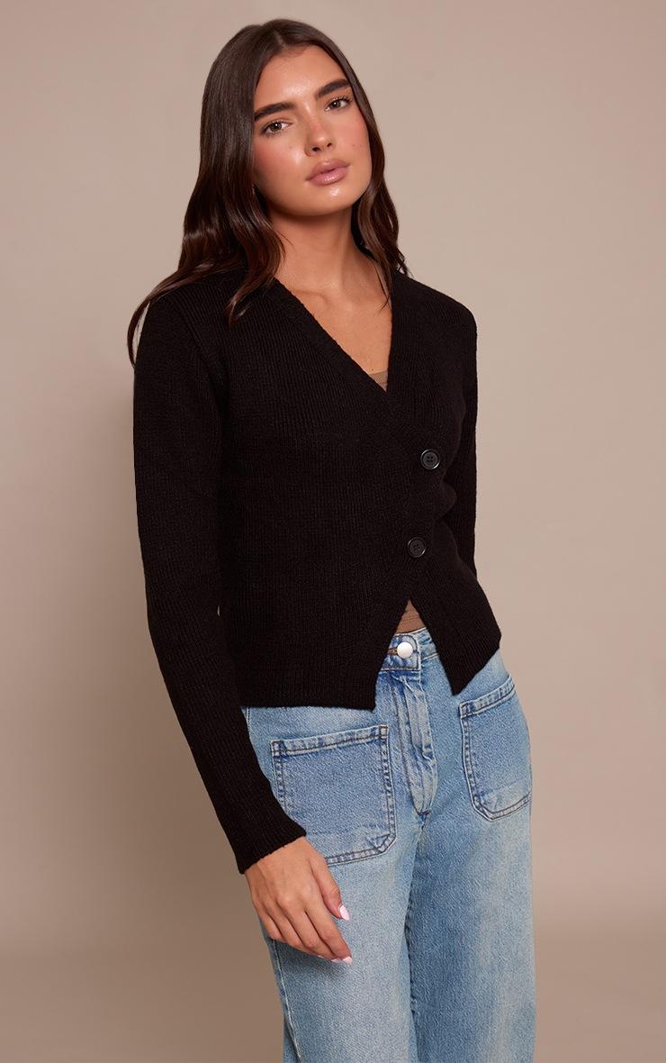 Pretty Little Thing Black Knit Asymmetric Button Up Cardigan