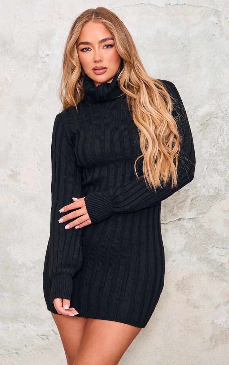 Pretty Little Thing Black Knitted Roll Neck Sweater Dress