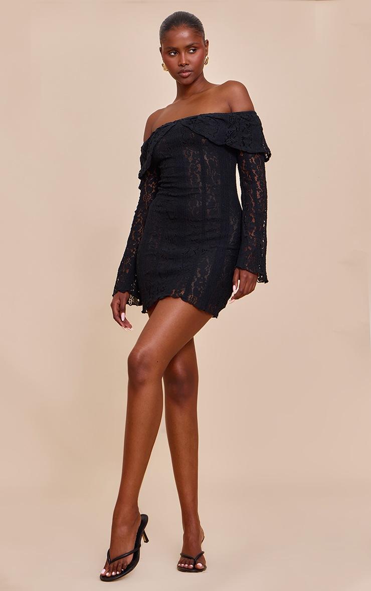 Pretty Little Thing Black Lace Bardot Long Sleeve Mini Dress