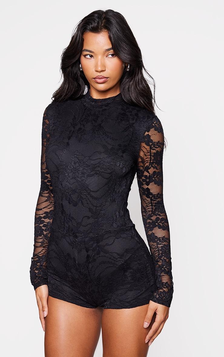 Pretty Little Thing Black Lace Lined Long Sleeve Boat Neck Romper