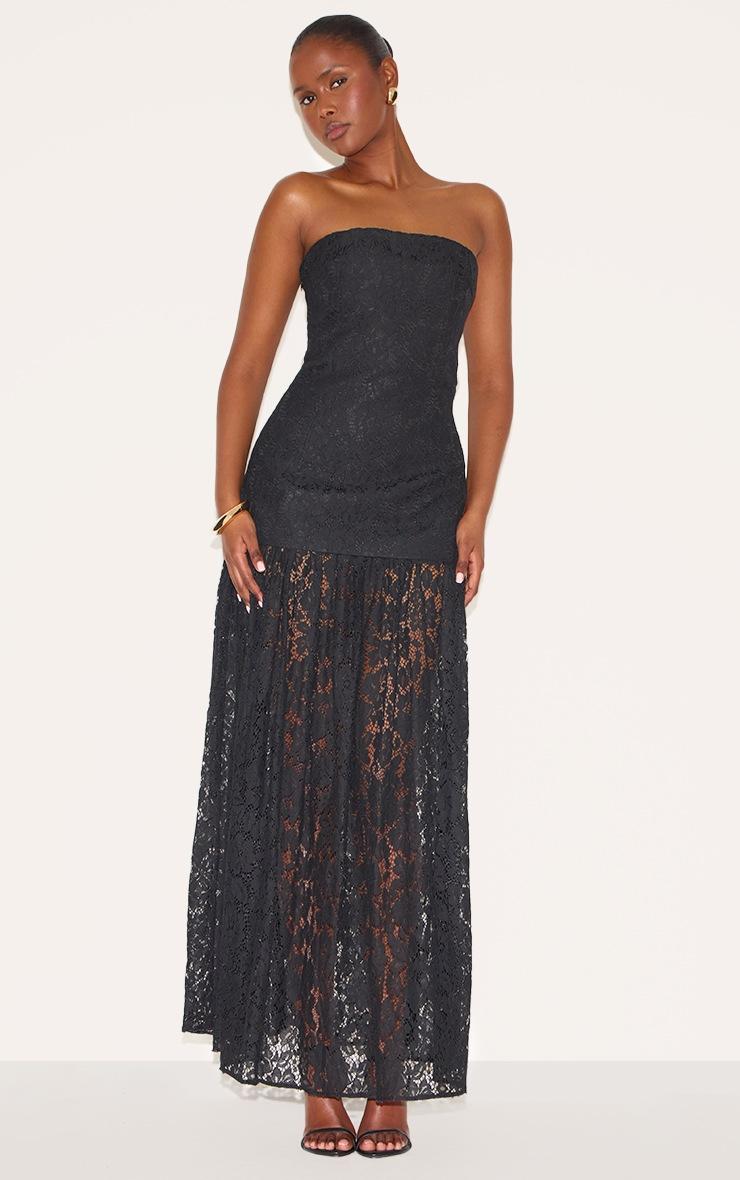 Pretty Little Thing Black Lace Sheer Skirt Panel Bandeau Midaxi Dress