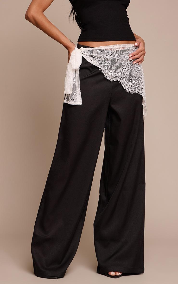 Pretty Little Thing Black Lace Wrap Detail Woven Wide Leg Pants