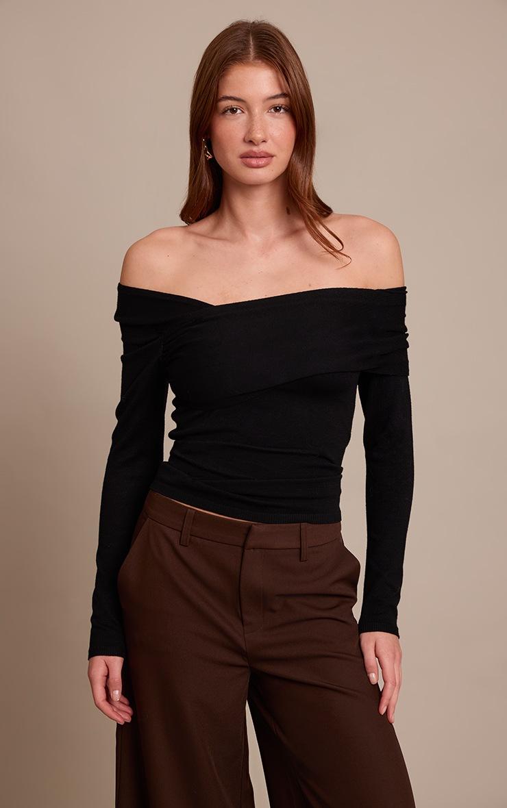 Pretty Little Thing Black Long Sleeve Asymmetric Shoulder Knitted Top
