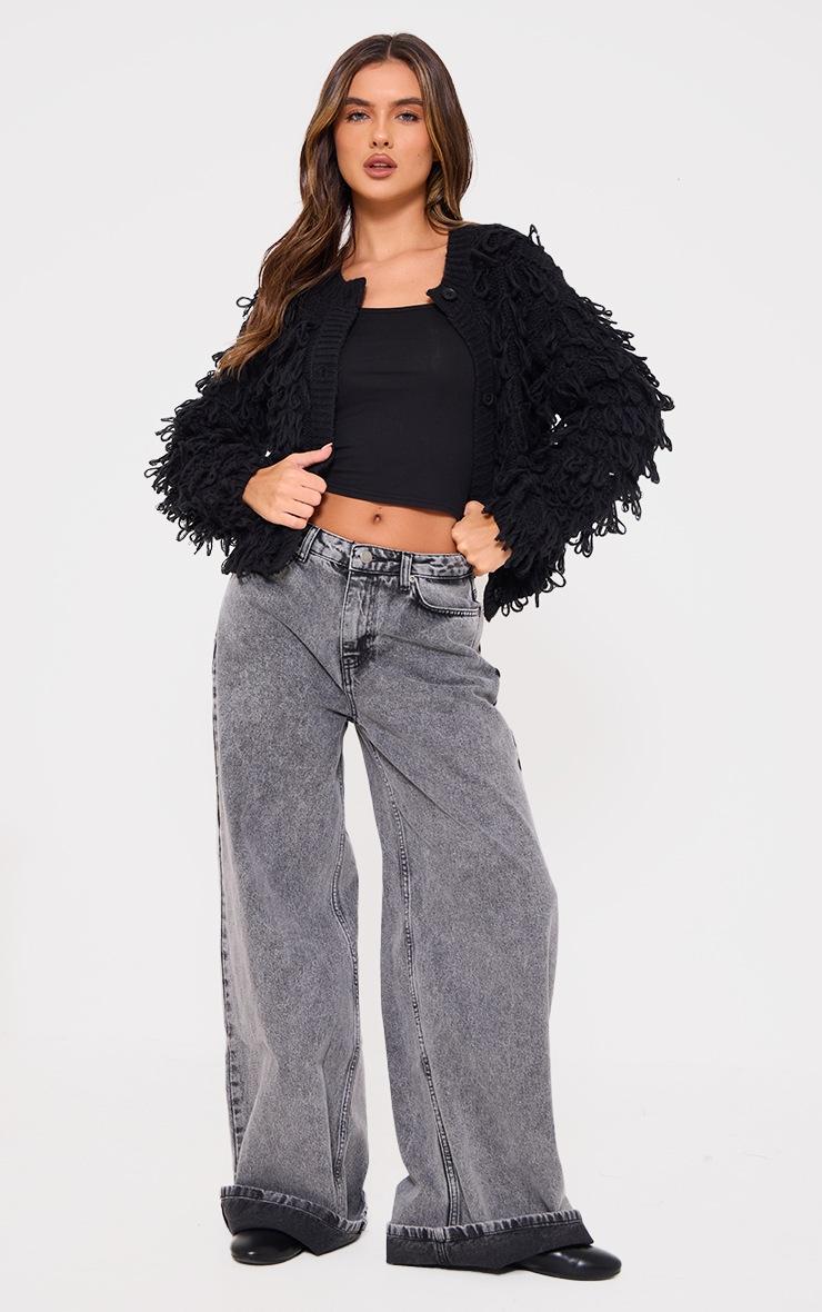 Pretty Little Thing Black Loop Knit Crew Neck Button Up Cardigan