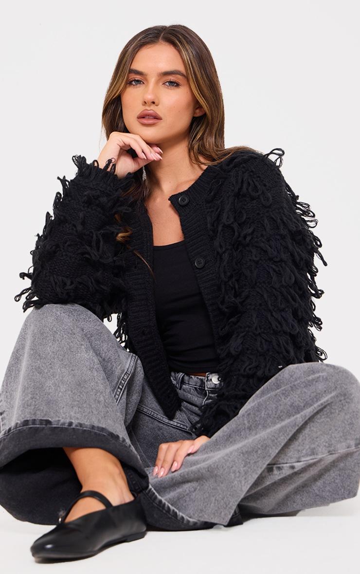 Pretty Little Thing Black Loop Knit Crew Neck Button Up Cardigan