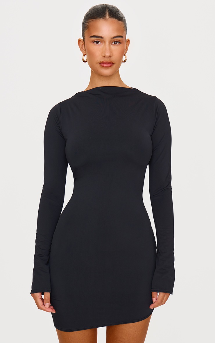 Pretty Little Thing Black Matte Sculpt Boat Neck Long Sleeve Mini Dress