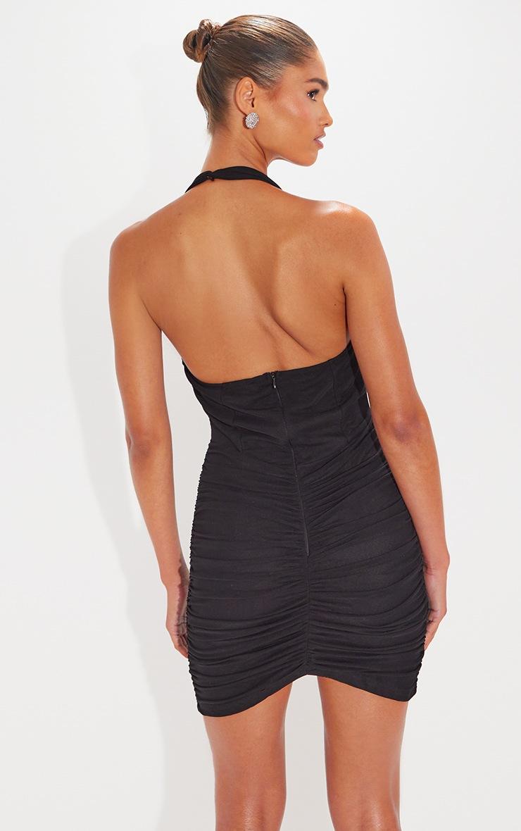 Pretty Little Thing Black Mesh Extreme Ruched Corset Halter Bodycon Dress