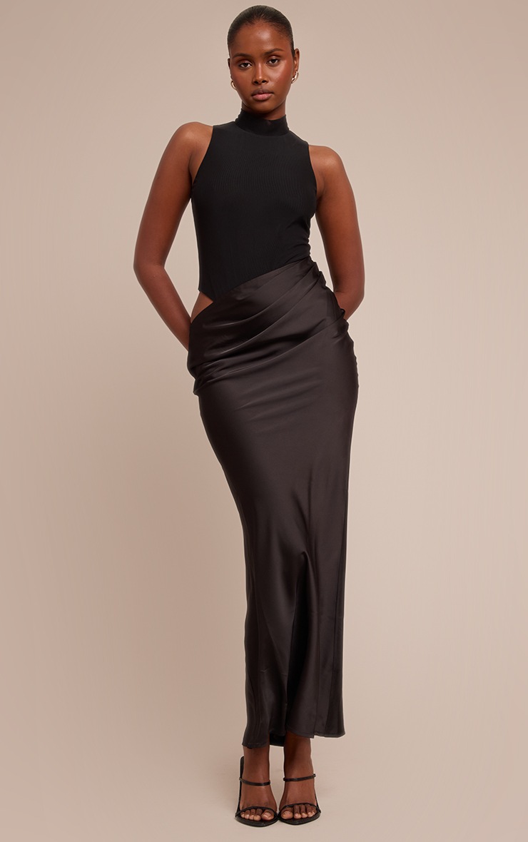 Pretty Little Thing Black Mesh Racer Satin Skirt Maxi Dress