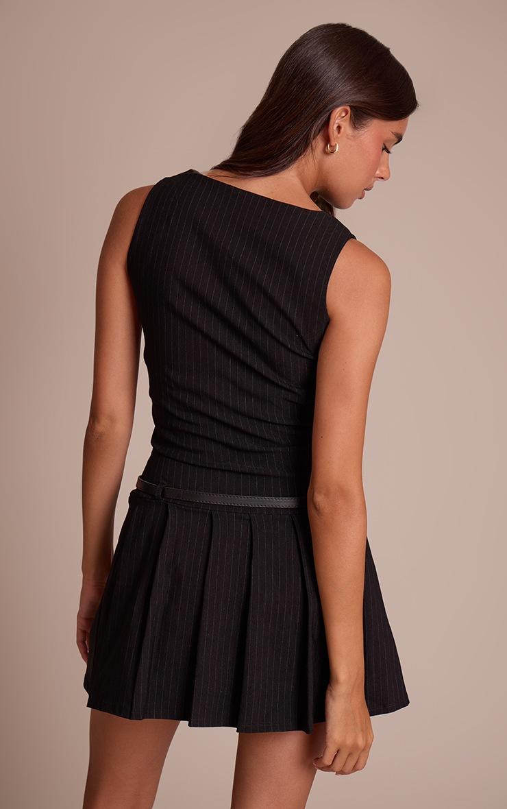 Pretty Little Thing Black Pinstripe Stretch Woven Boat Neck Belted Shift Dress