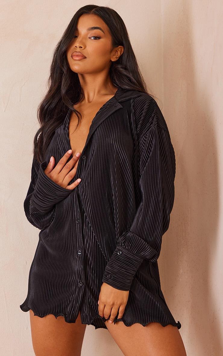 Pretty Little Thing Black Plisse Frill Hem Shirt Dress