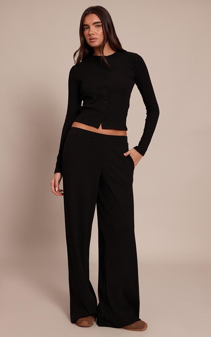 Pretty Little Thing Black Rib Long Sleeve Button Up Fitted Cardigan