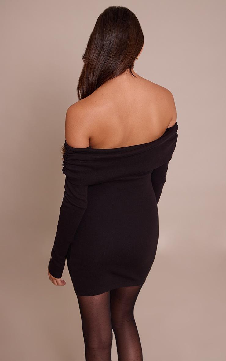 Pretty Little Thing Black Ribbed Fold Over Bardot Long Sleeve Bodycon Dress