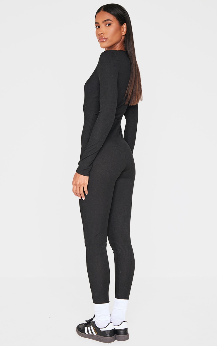 Pretty Little Thing Black Ribbed Long Sleeve Scoop Neck Jumpsuit