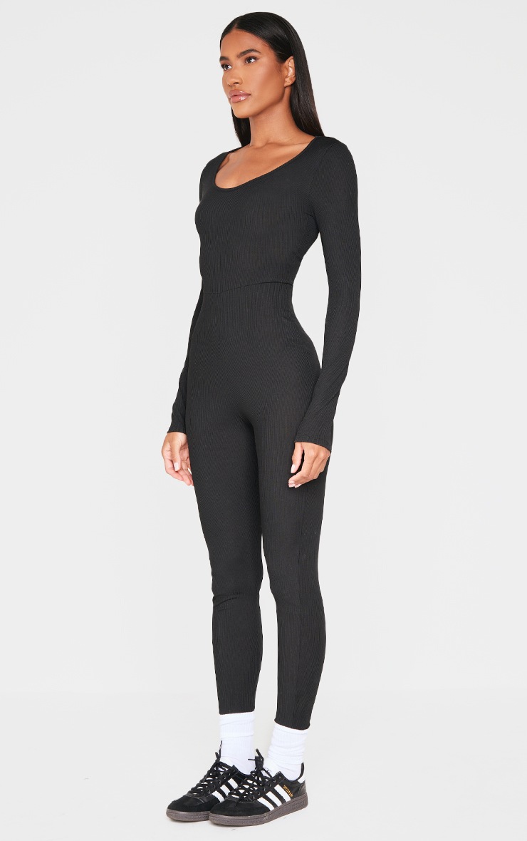 Pretty Little Thing Black Ribbed Long Sleeve Scoop Neck Jumpsuit