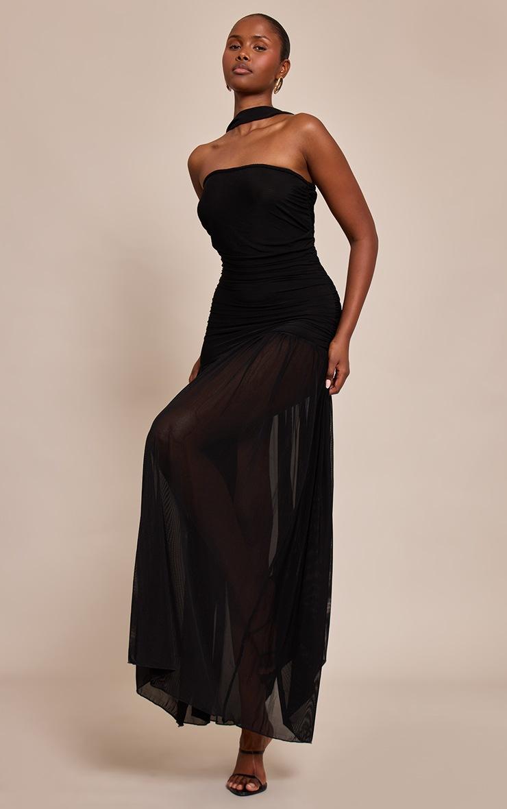 Pretty Little Thing Black Ruched Scarf Dropped Waist Maxi Dress